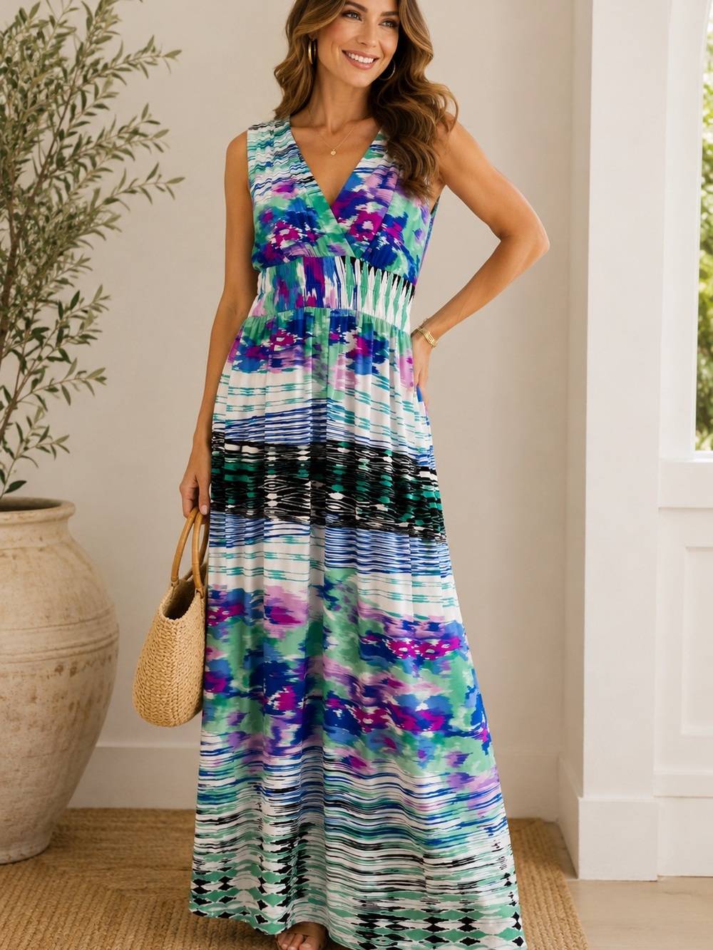 Roz & Ali Blue, Green and Purple Sleeveless V-Neck Maxi Dress